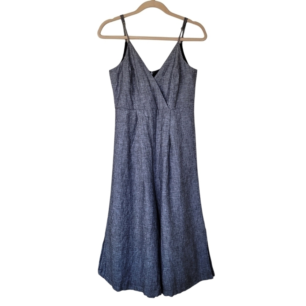 Tahari Gray Chambray Linen Sleeveless Wide Crop Leg Jumpsuit - Picture 2 of 10